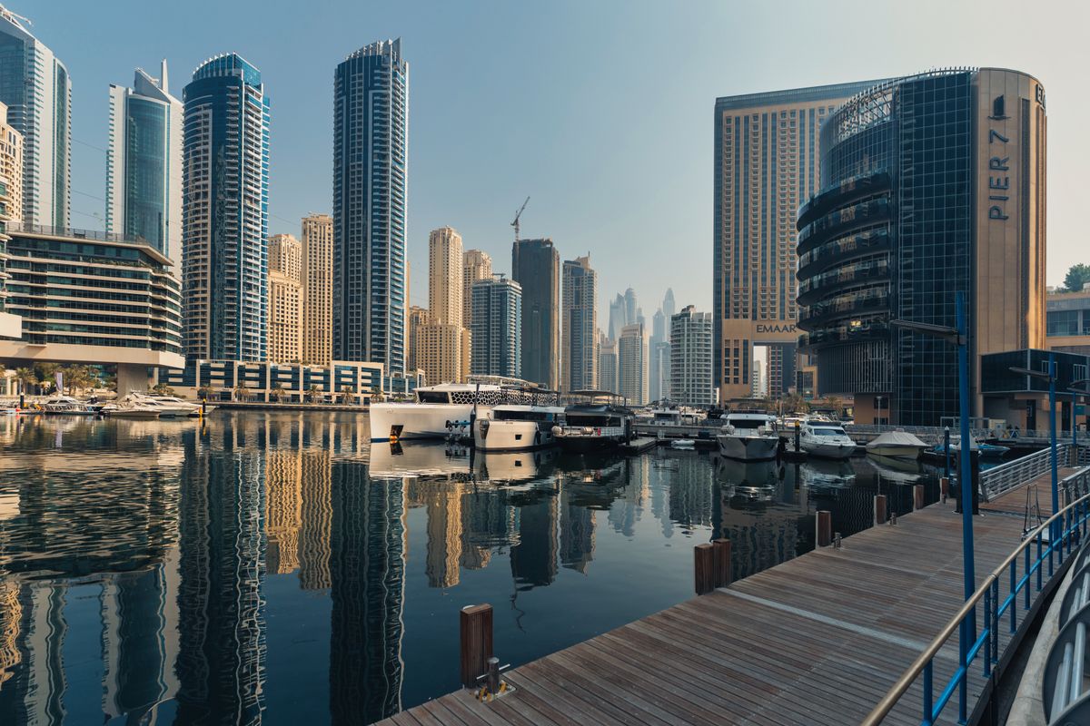 Dubai Marina towers reflected on the water