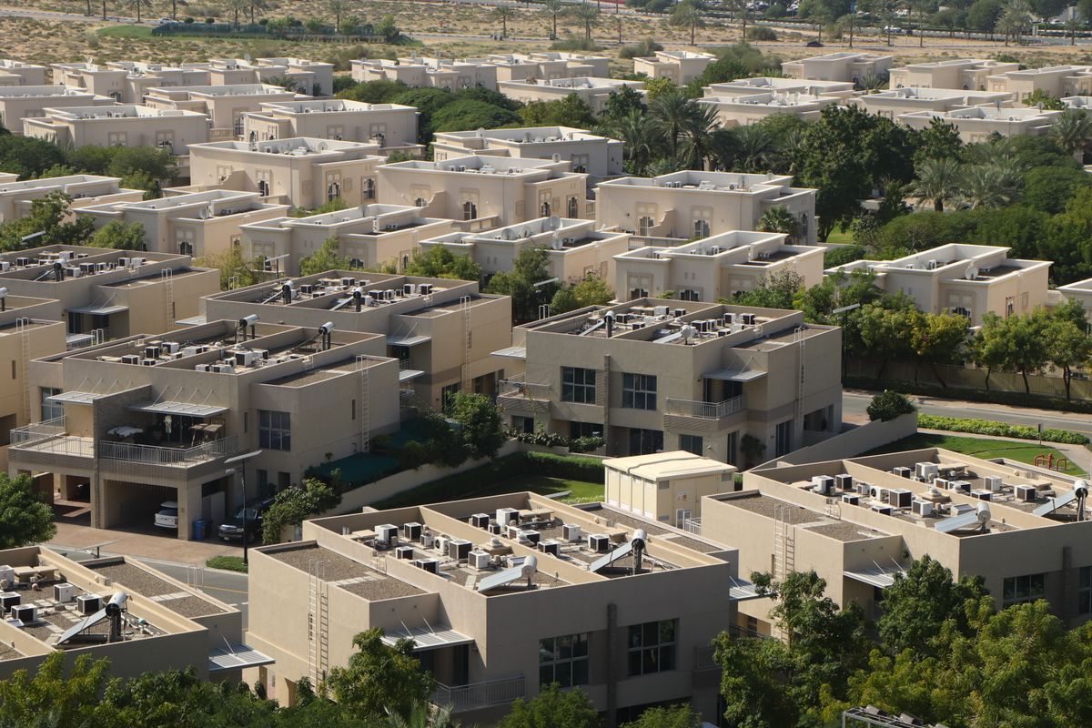 Aerial view of a townhouse community in Dubai
