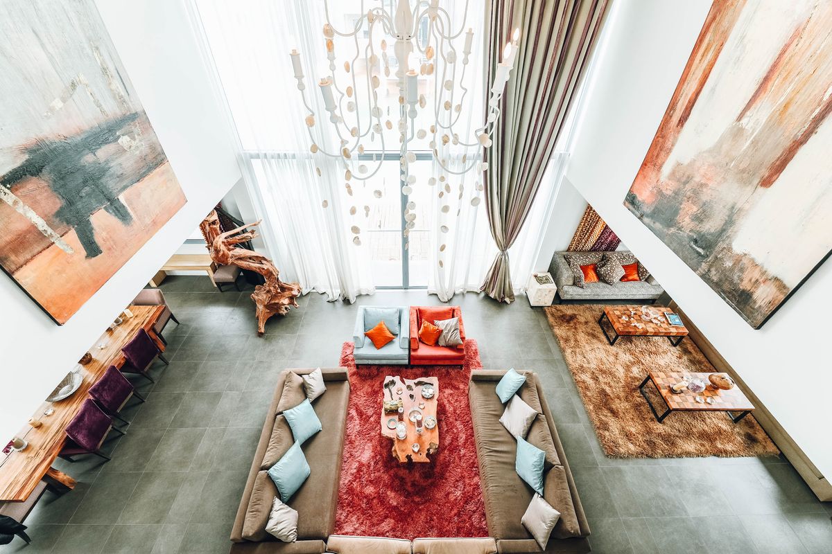 Double height lounge with chandelier