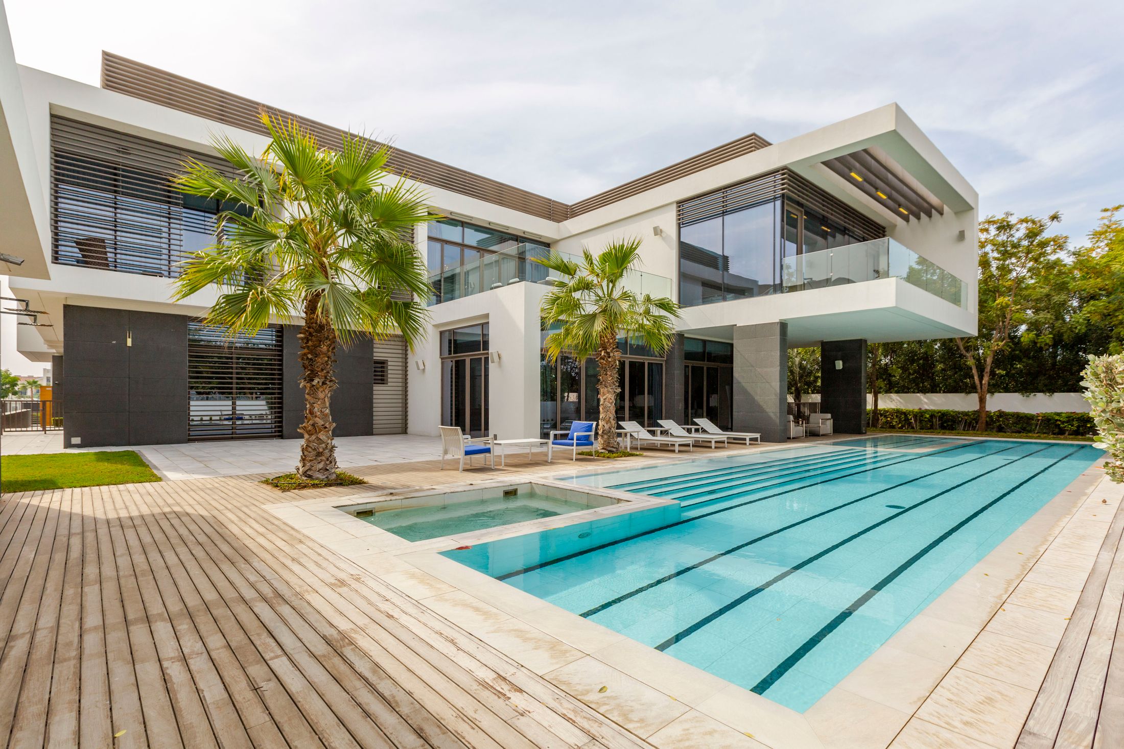 Modern villa with a swimming pool and palm trees